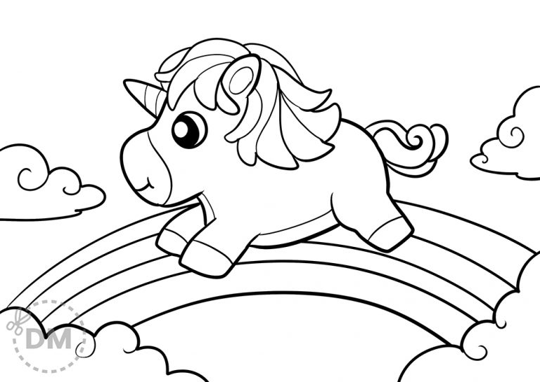 Adorable Unicorn And Rainbow Coloring Page